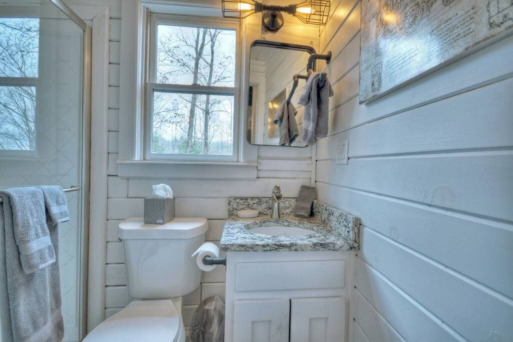 Bathroom on main floor with walk in shower