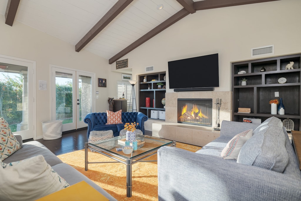 Get cozy by the fire.