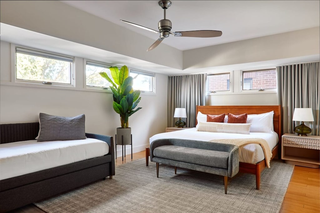 Find relaxation on the 2nd floor in this spacious, light-filled retreat, complete with a king bed, twin daybed, and trundle.