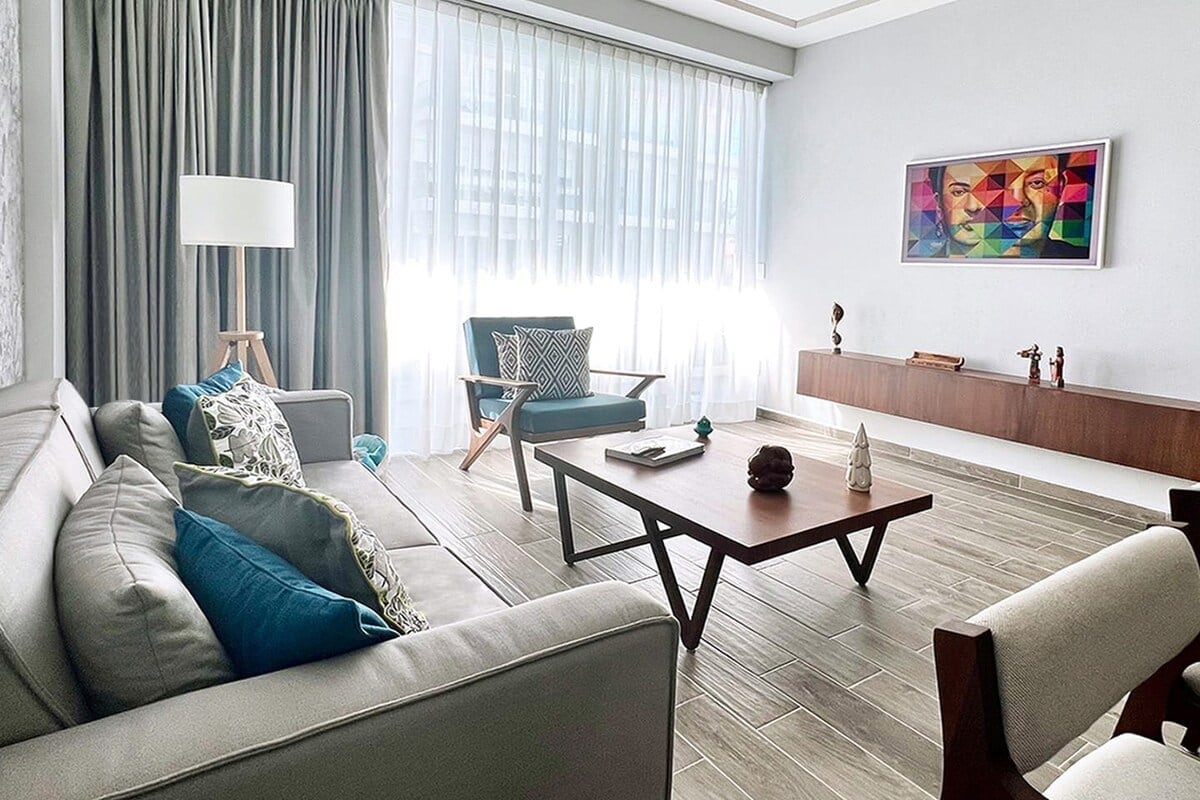 Living Room with Smart TV & Balcony
