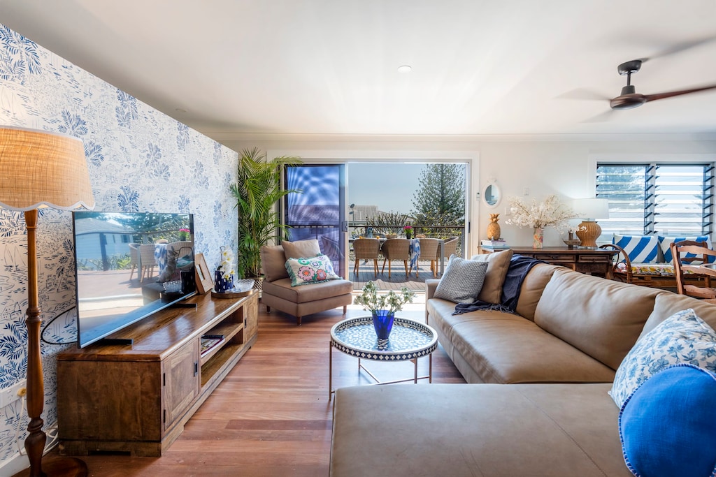 Bimbajong Pines - Coast accommodation in Yamba town with Ocean views - Open plan kitchen, living & dining with ocean views