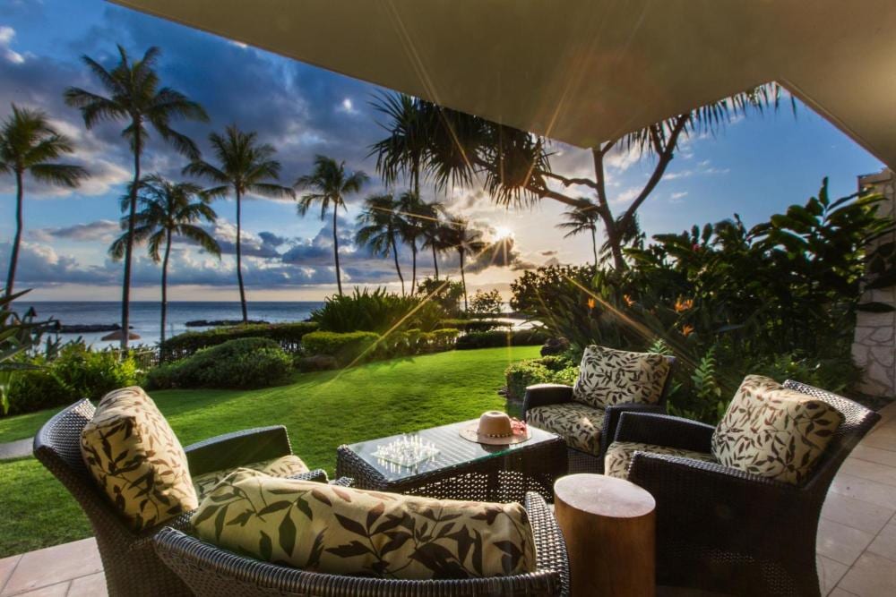 Private oceanfront lanai at your Ko Olina Beach Villa B109 for perfect sunsets and twilight drinks.