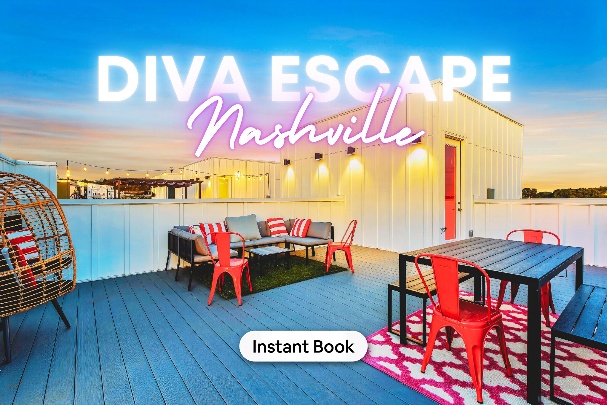 Soak up unforgettable sunsets over Nashville's skyline from your plush rooftop oasis, perfect for any bachelorette party or family getaway. This 'Diva Escape Nashville' luxury vacation rental boasts a vibrant array of seating including a cozy sofa, striking red chairs, and a chic wicker hanging chair, all under the magical glow of string lights. Envision your evenings filled with laughter and lounging in this quintessential Music City retreat.

Ready to live it up in style? Click to book your ultimate Nashville vacation now!