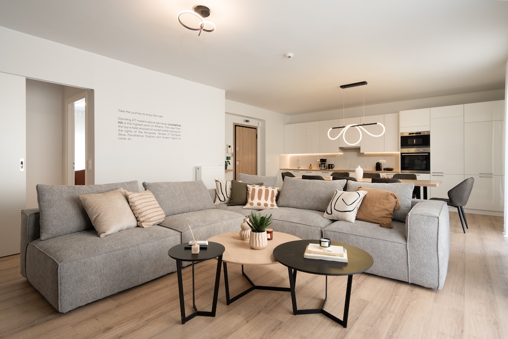 Relax and unwind in your stylishly appointed, spacious living room. Modern minimalism guides the design and decor throughout the apartment.