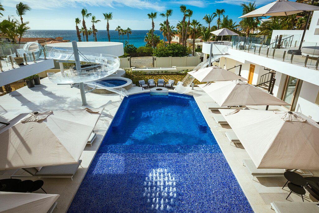 Sunny poolside with ocean views