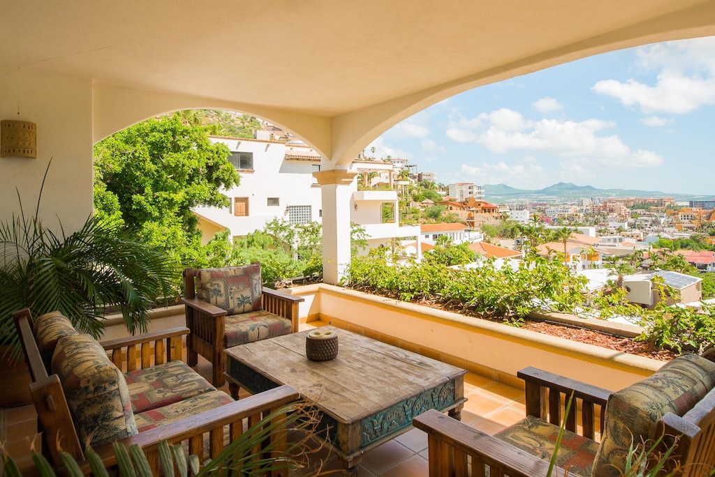 Terrace with city and ocean view