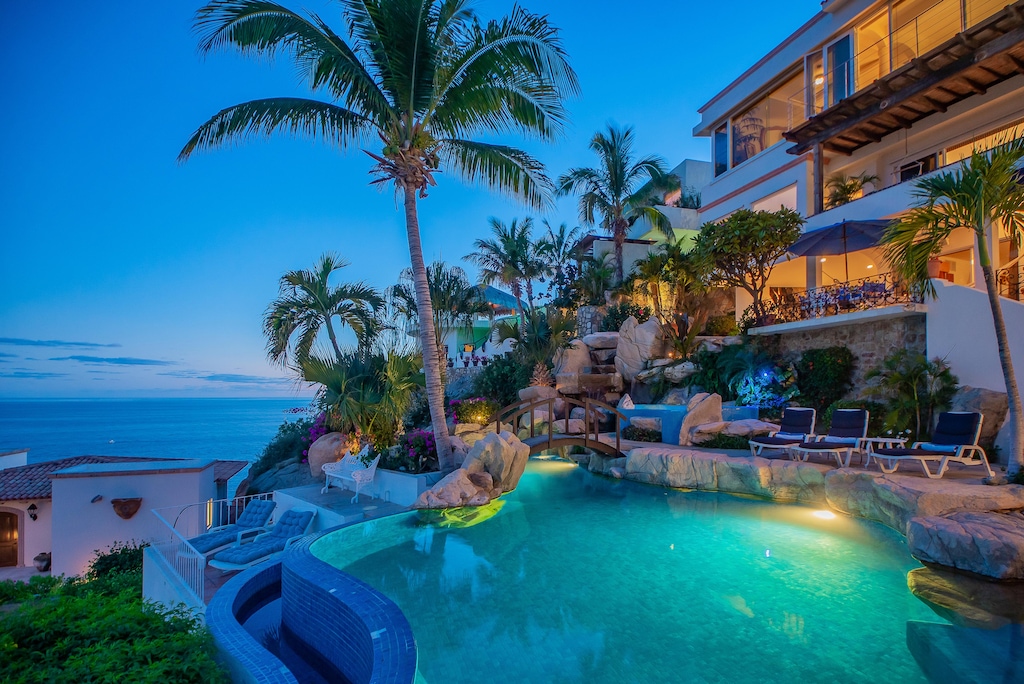 Patio with ocean view during the evening