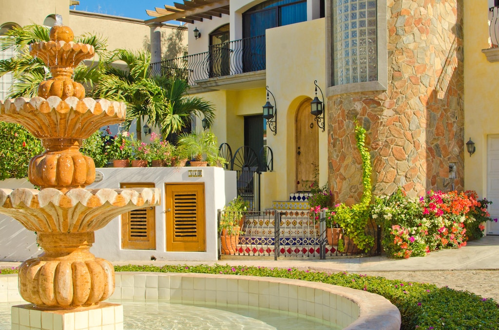 Exterior of villa with gorgeous fountain
