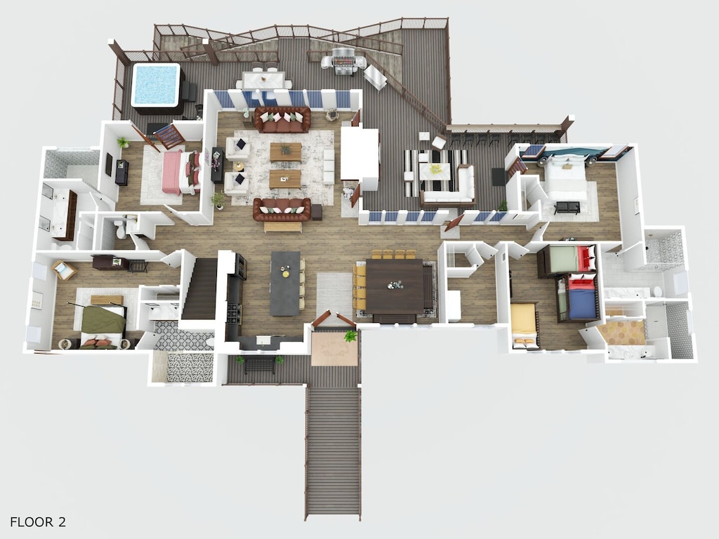 1st floor: 3 king bedrooms/bunk room (all 4 ensuite baths),1/2 bath by stairs, living area/dining area/kitchen, access to outdoor patio from living room