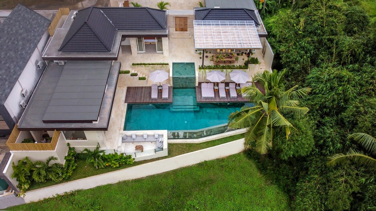 Drone view of the front garden and infinity pool