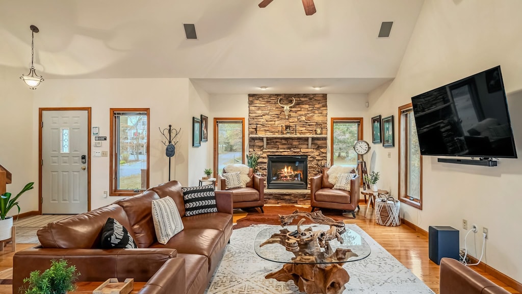 Living room with a fireplace and TV.
