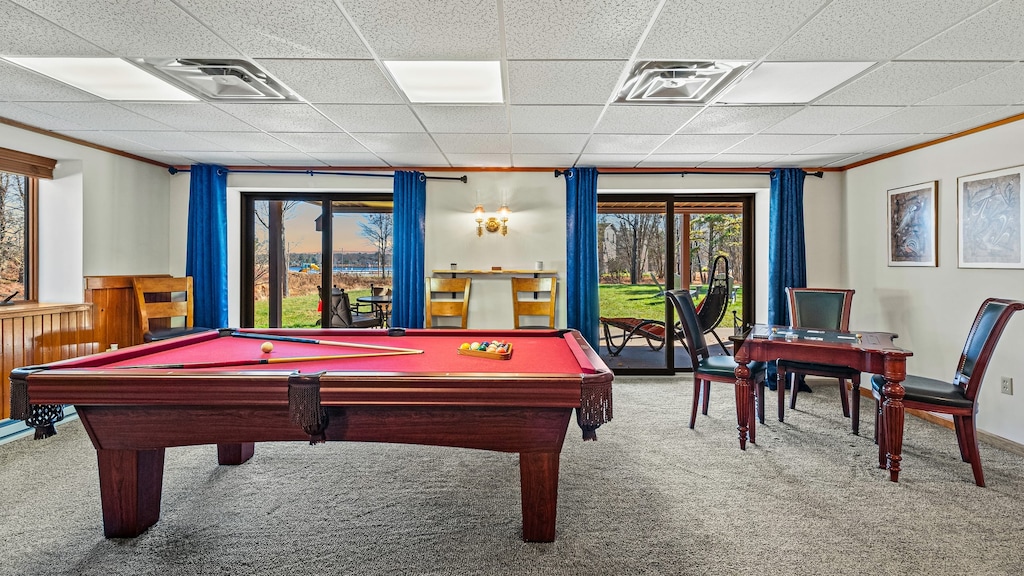 Game room with a pool table.
