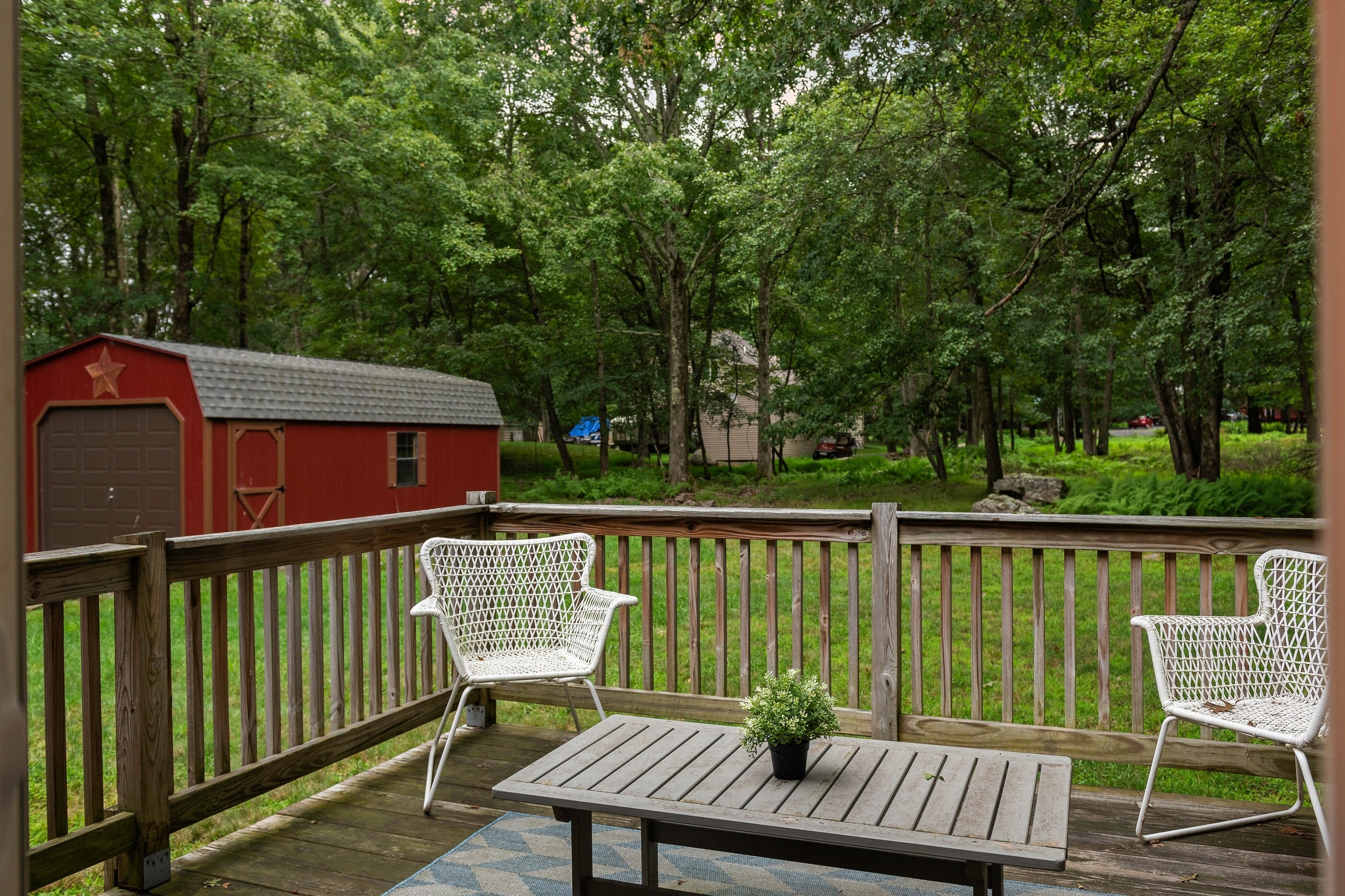 Relax in the comfort of our chairs with a view of the lush green backyard.