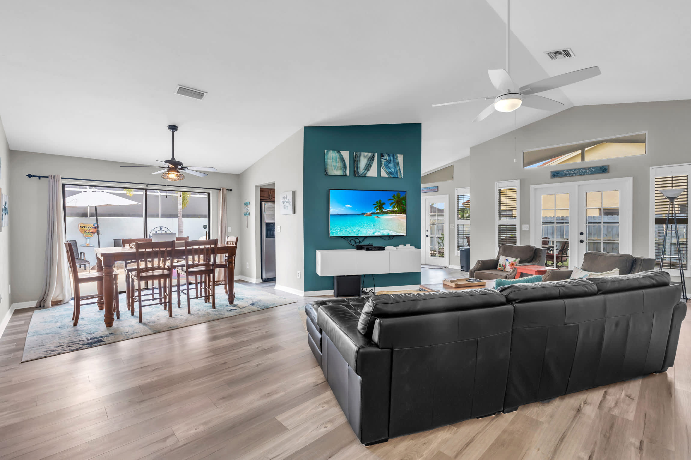 From the vantage point of the family room guests can see to the pool and the lanai