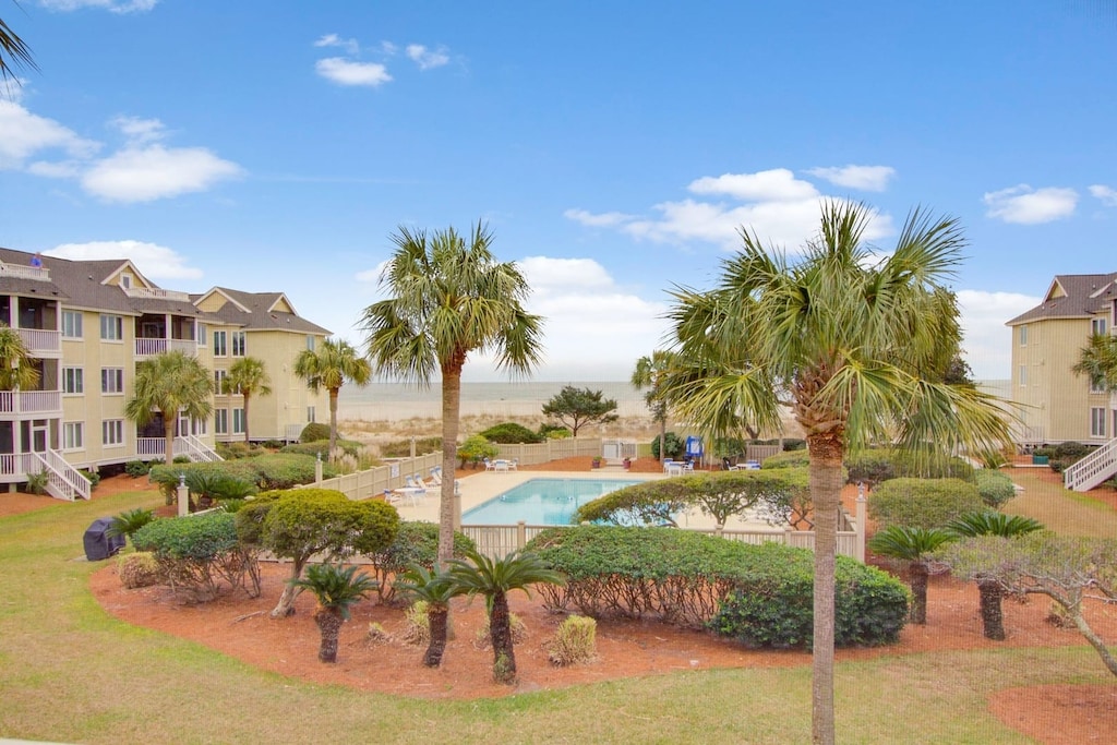 Pool and ocean views.