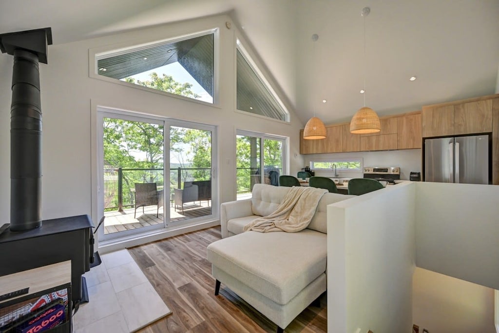 Salon chaleureux avec un foyer au bois 