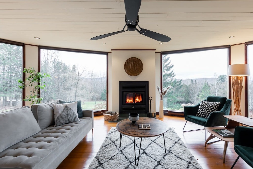 Welcome to L'Orford, crackling fire and mountain views welcome you home