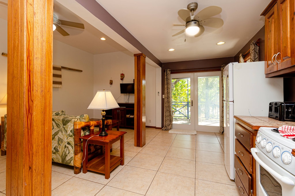 Comfy living area and kitchen