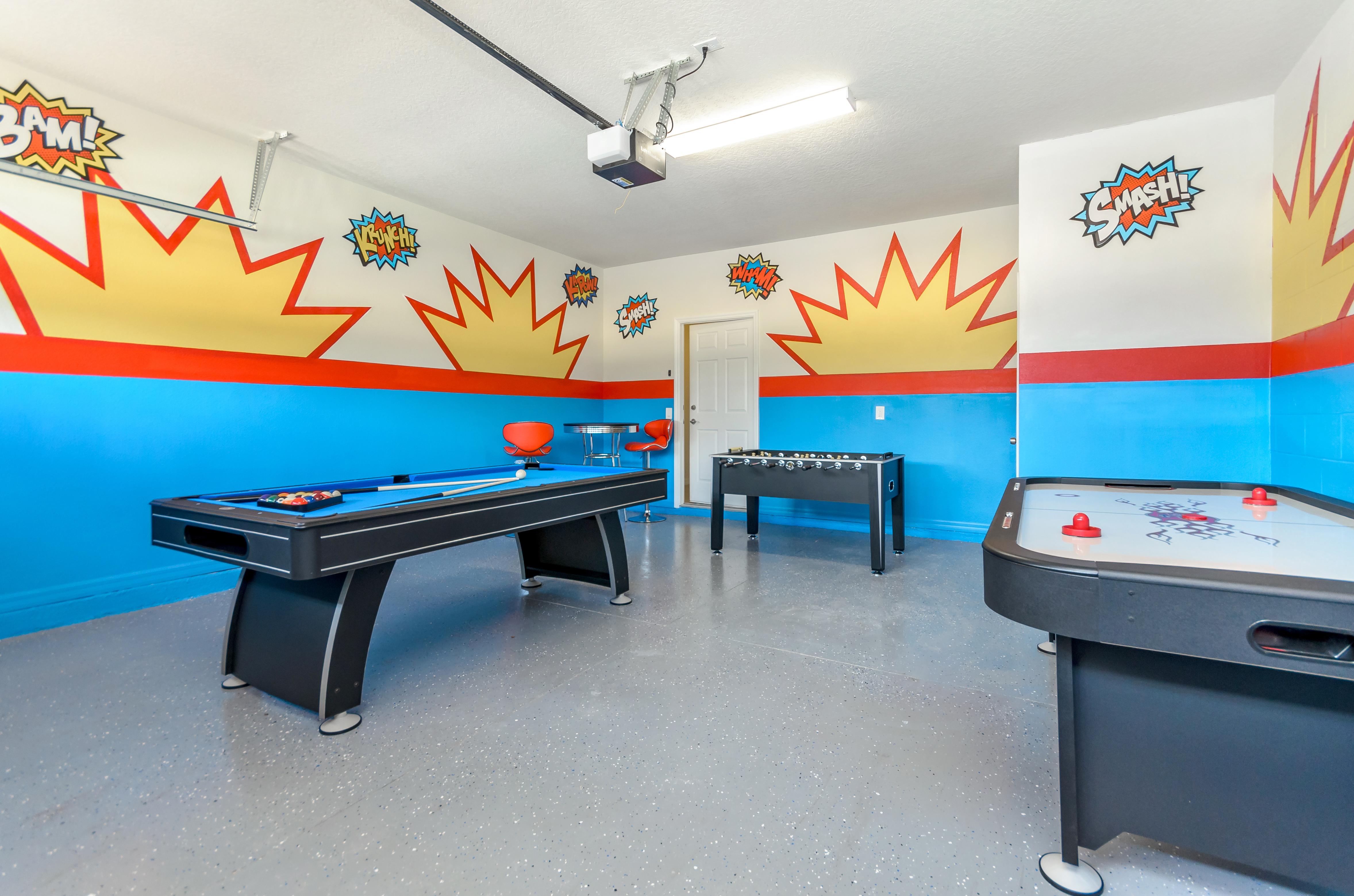 Amazing Game Room Including Air Hockey Table, Pool Table, and Foosball Table, and more!