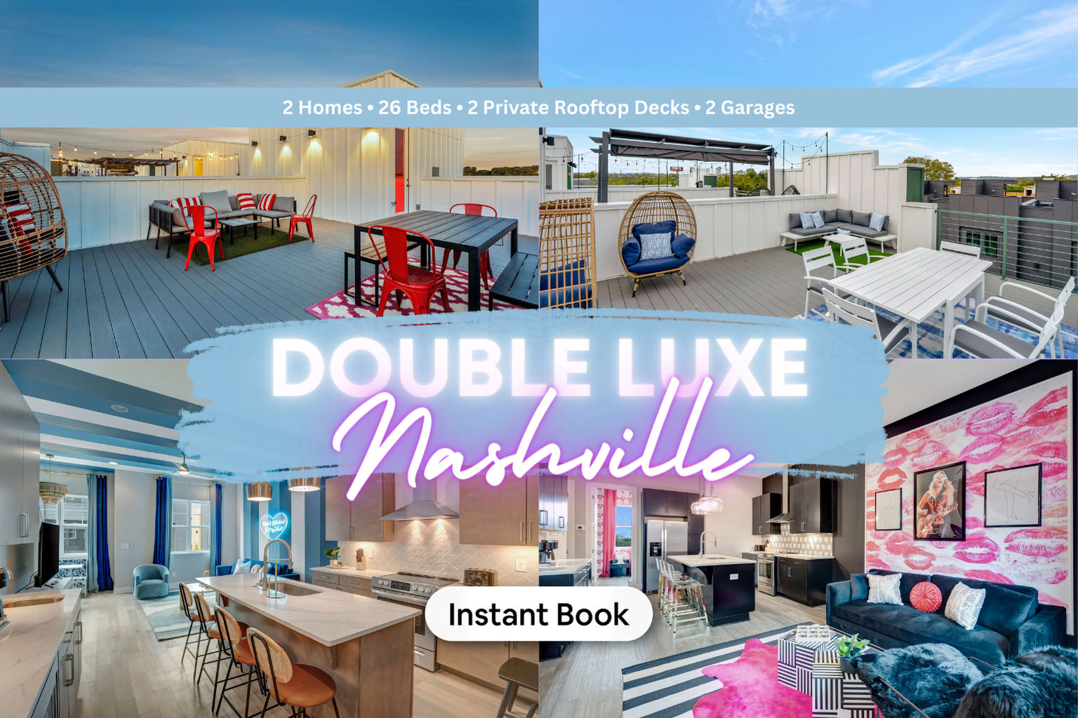 Immerse yourself in the vibrant heart of Music City with the 'Double Luxe Nashville' luxury vacation rental from Misfit Homes! Perfect for any Nashville vacation, from bachelorette parties to family getaways, this gem boasts stylish interiors, ample lounging spots on two private rooftops, and a location that sings. Gather your group and let the spirit of Nashville embrace you—book this unforgettable vacation rental today and make your next group trip extraordinary! 🎸✨