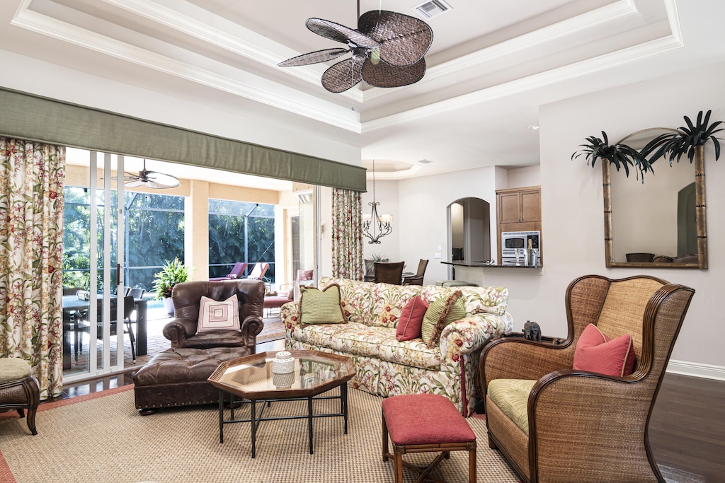 Bright and breezy living space with tropical-inspired décor—perfect for island-style lounging.