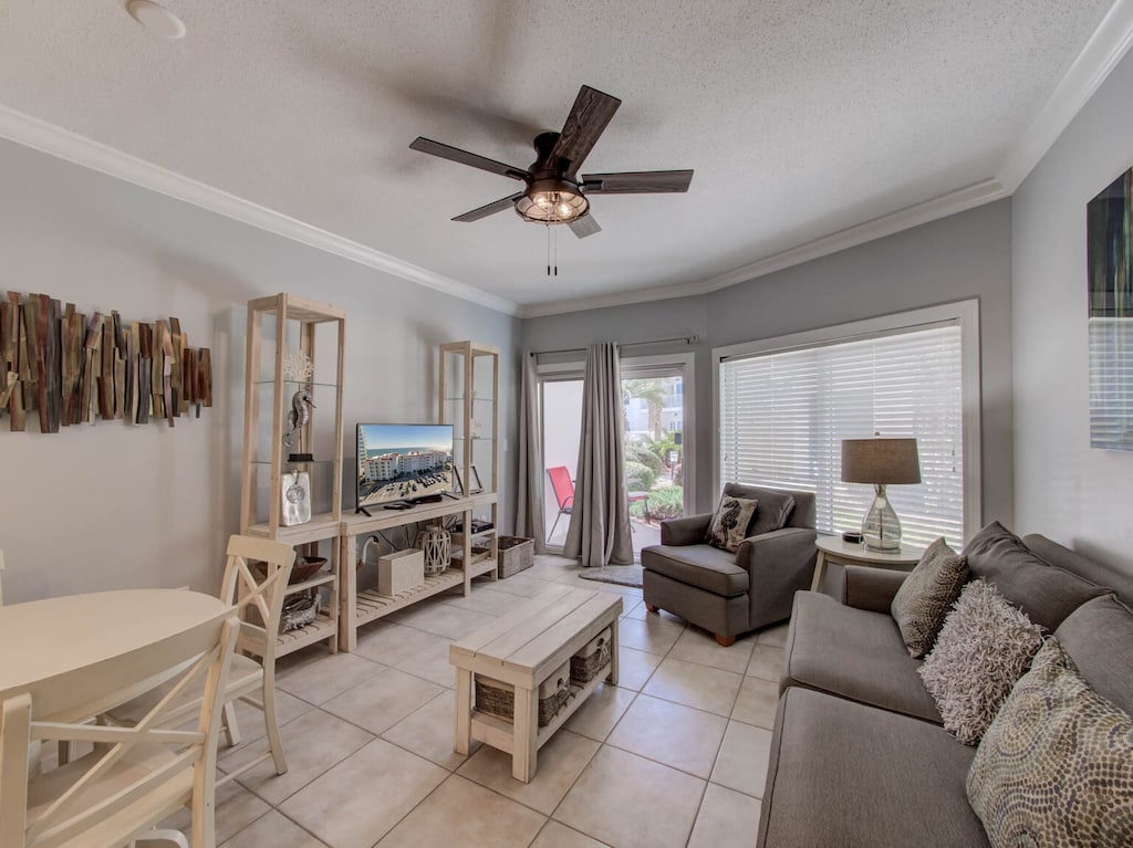 Spacious open concept living area looking out towards the patio.