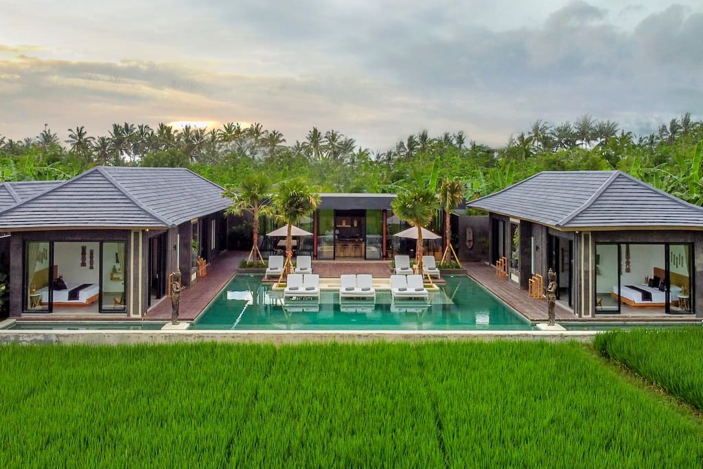 Drone view of the villa’s front and rice field panorama 