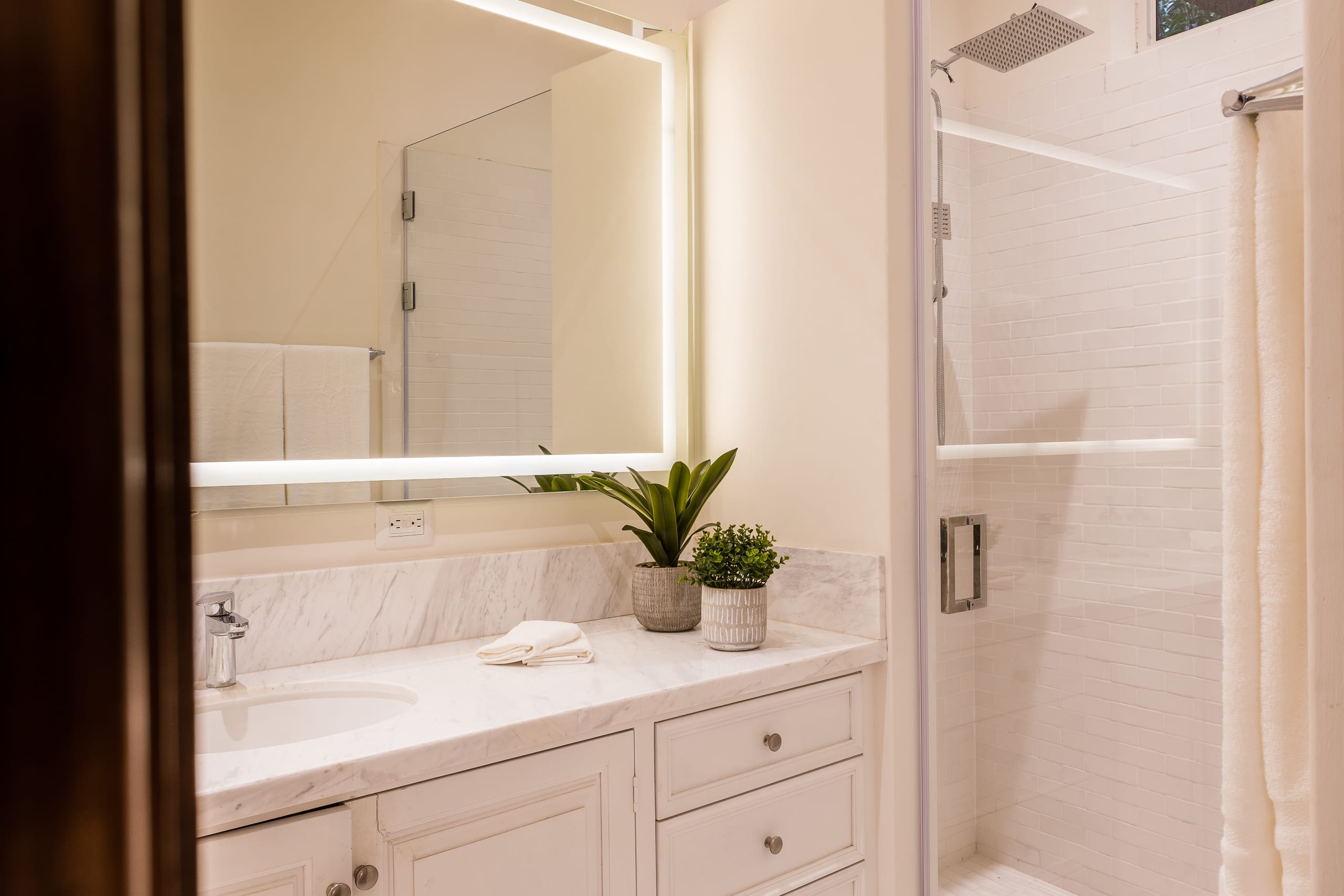 Bathroom with vanity and shower