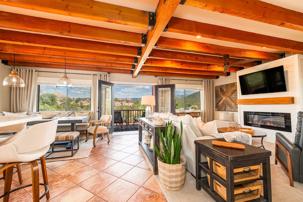 Open Floor Plan with High Wood Beam Ceilings and Panoramic Views!
