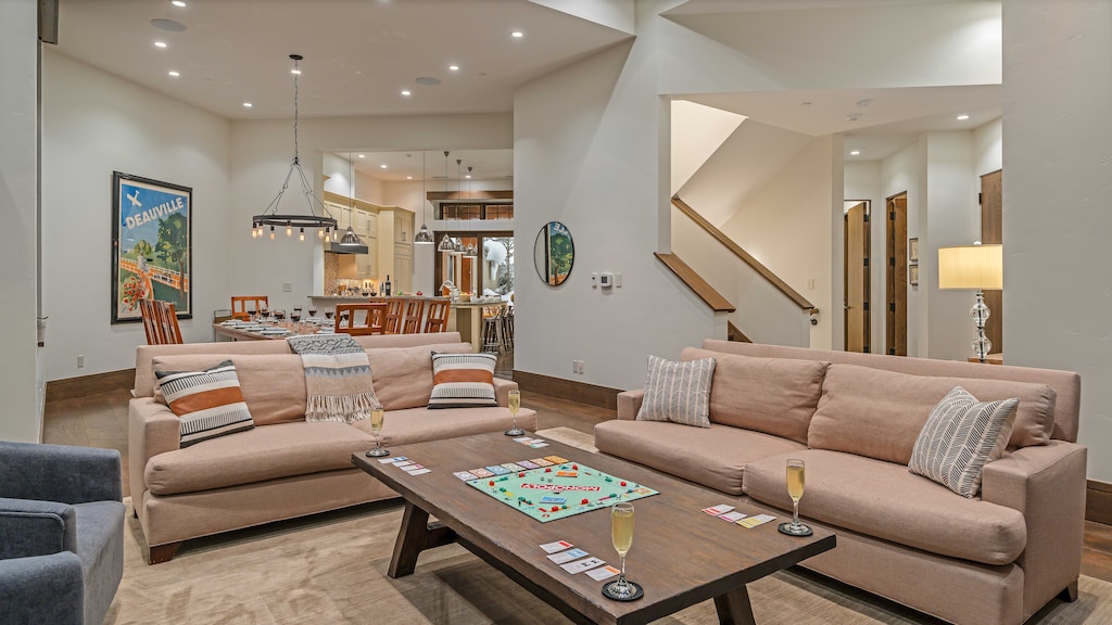 Main level great room looking towards dining area and kitchen
