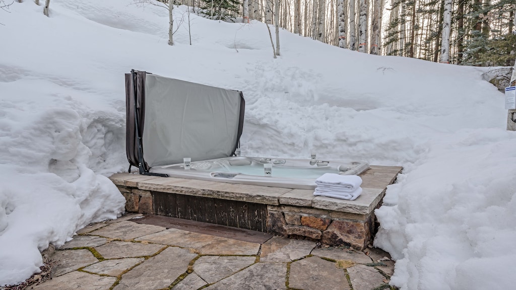 Private sunken hot tub on main level back patio