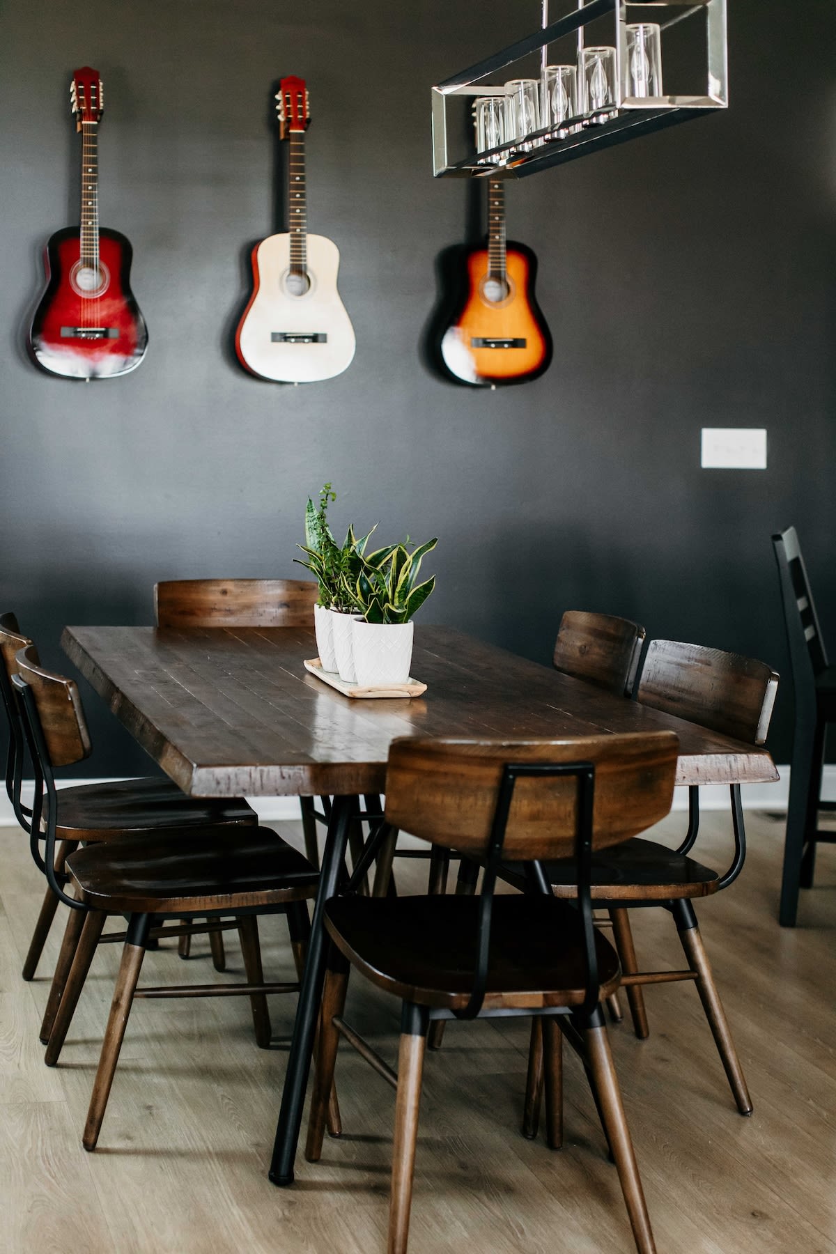 Dining room table and acoustic guitars