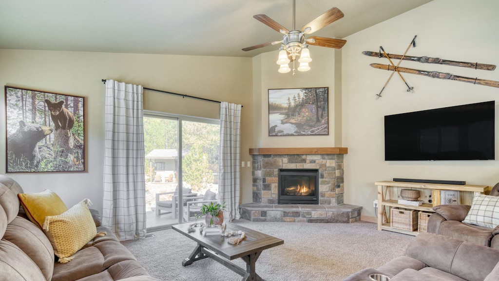 Cozy living room with a fireplace and TV — perfect for movie nights!