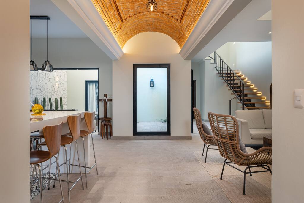 Open space living room with large kitchen and dining area. 