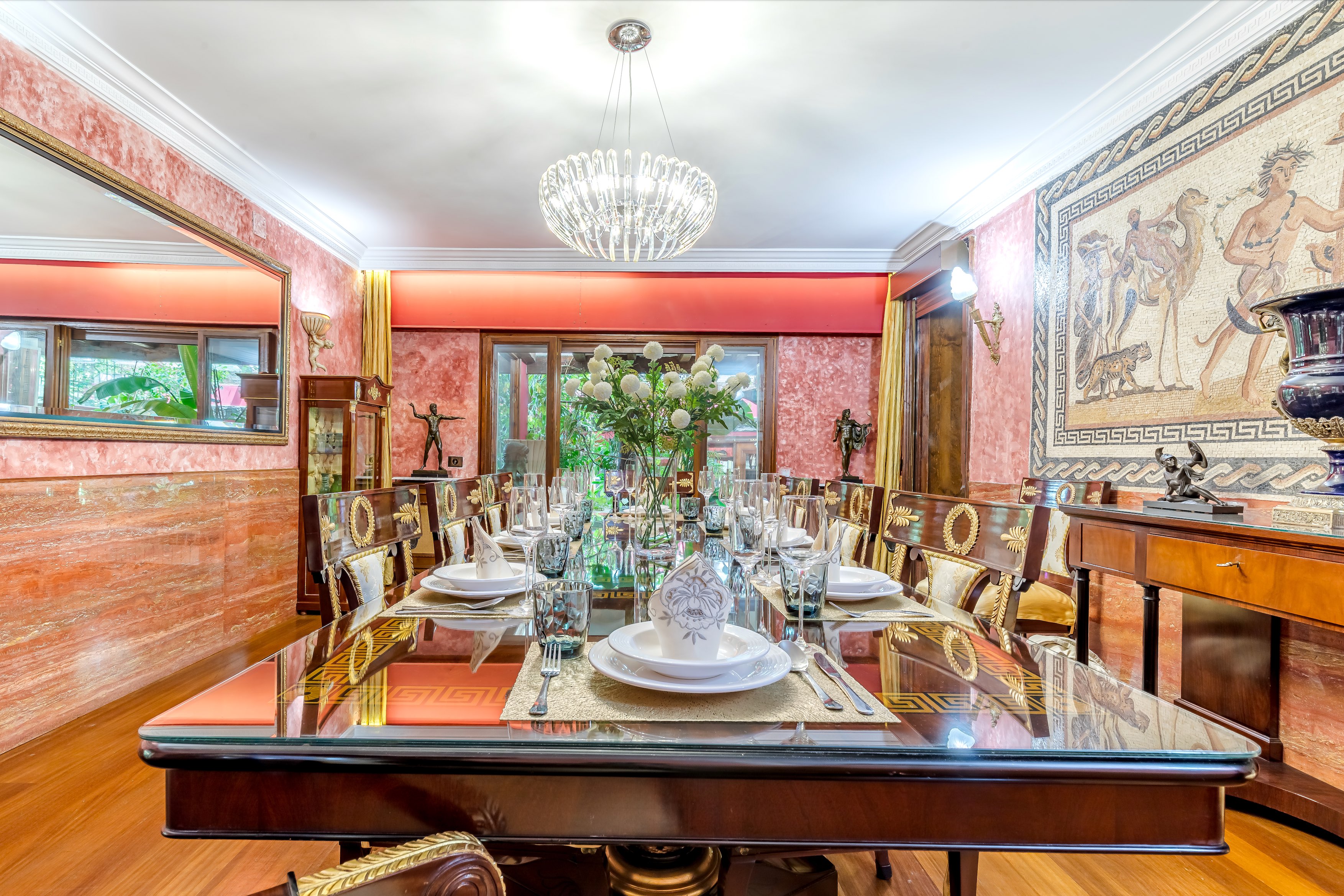 Dining room for 10 people. Versace furniture set consisting of a 3-meter table, 12 armchairs and a side cabinet.