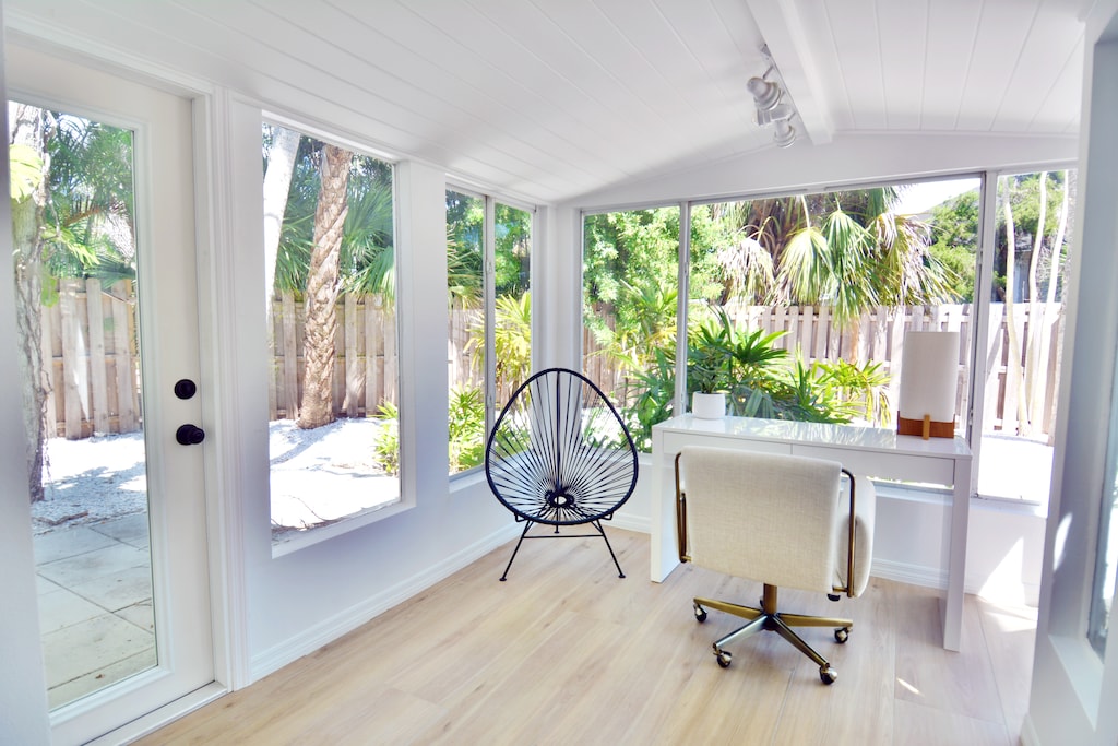 Office and desk with view perfect for business trips, remote work, laptop space.