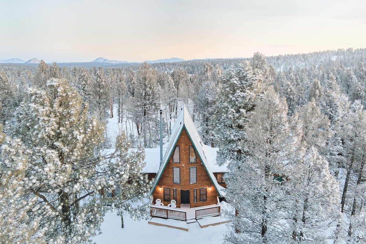 An aerial view of the property in full winter!