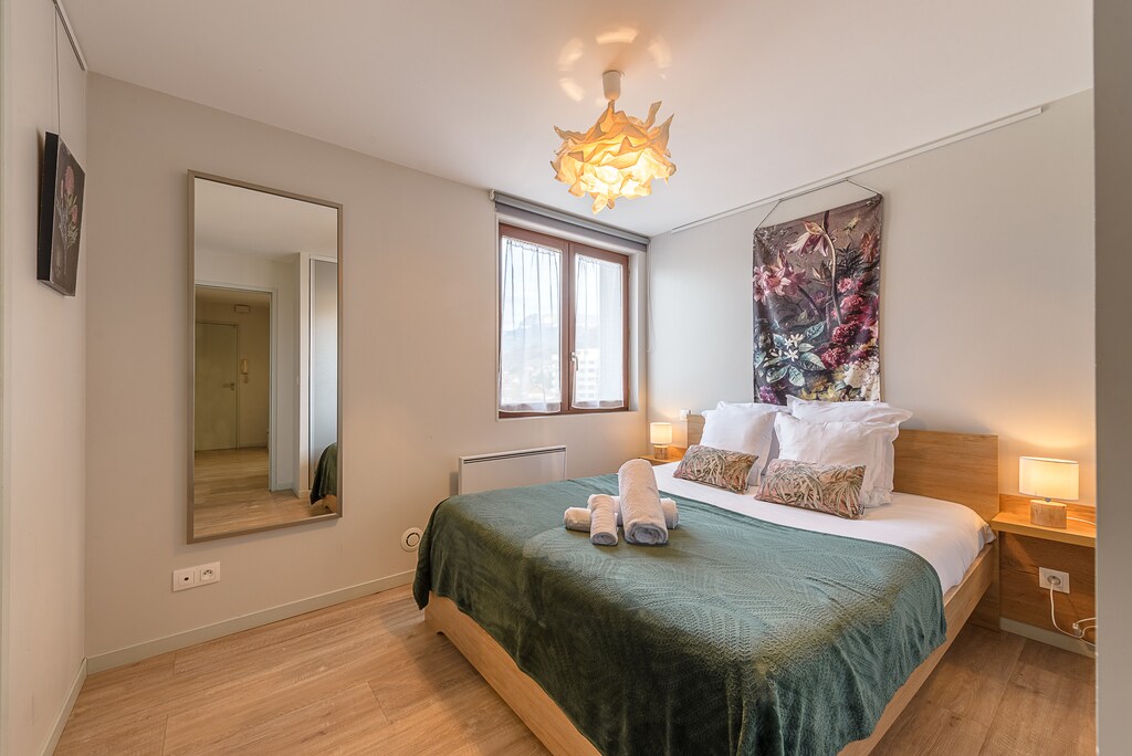 Discover this spacious double room, with its en-suite shower room ideal for a relaxing getaway. Featuring a comfortable double bed, it offers picturesque views of the surrounding majestic mountains. Practical storage space lets you keep your belongings organized during your stay. This room offers peace and privacy for a pleasant stay in Annecy (4th floor apartment).