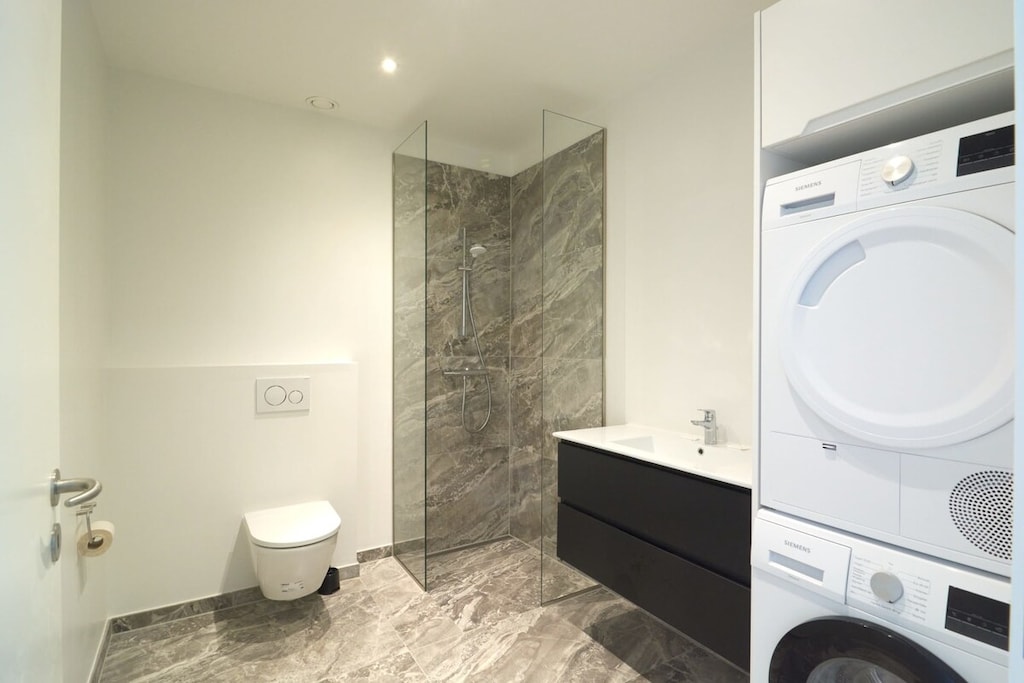 The bathroom is practical and functional.