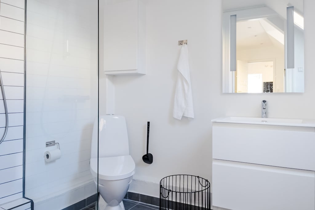 The bathroom is a sleek and stylish space featuring a white color scheme and clean lines that create a bright and open ambiance.