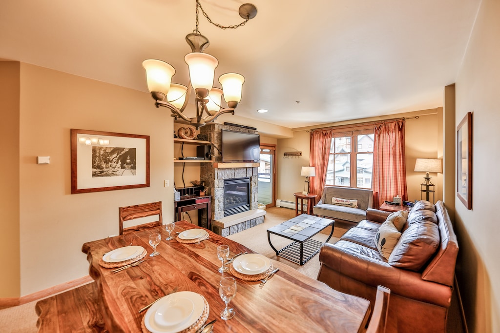 A large rectangular dining table for your dine in meals or get a good card game going