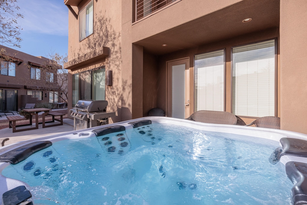 The hot tub can comfortably accommodate 6 adults and up to 8 people total.