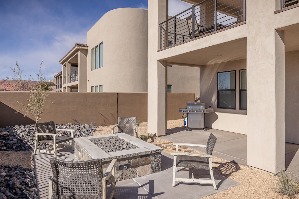 The Back Patio includes a BBQ grill and is protected from surroundings by a privacy wall