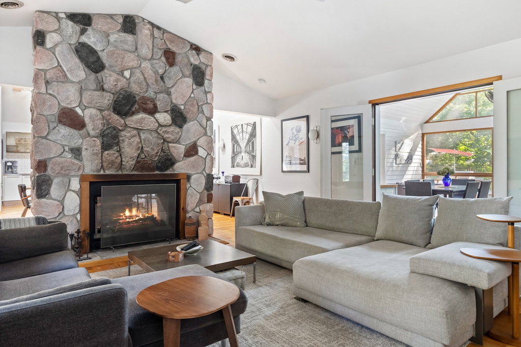 Stretch and relax on our cozy sectional next to the fire.