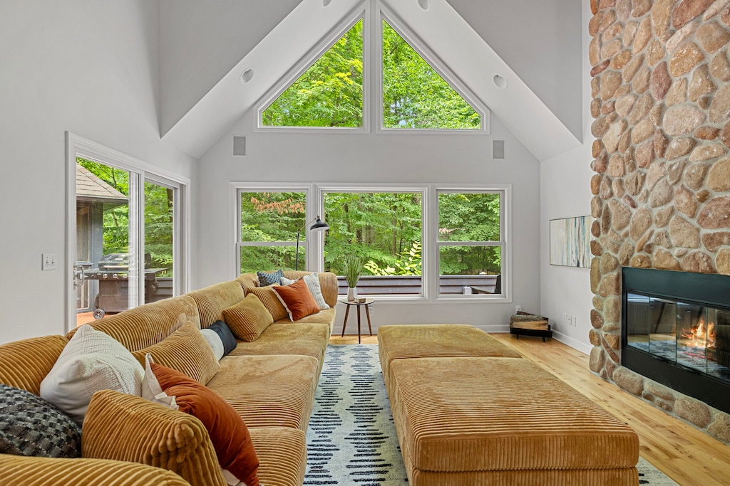 Cozy up by the fire and let the forest views take your breath away.