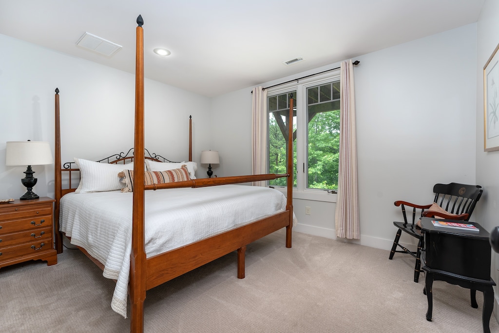 Lower-level bedroom with king-size bed and Jack-and-Jill style bathroom with tub and shower combination