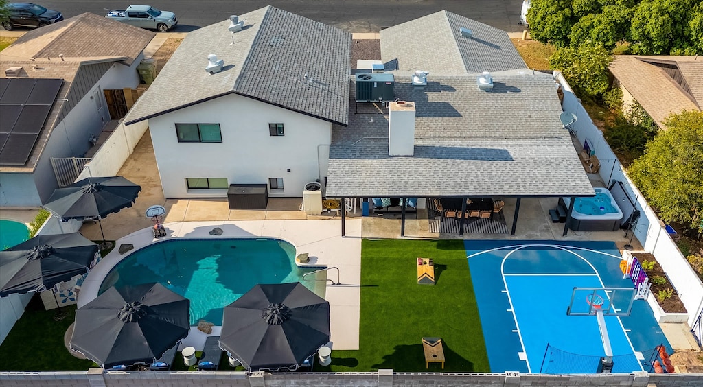 An aerial view of our backyard reveals its expansive and beautifully designed layout