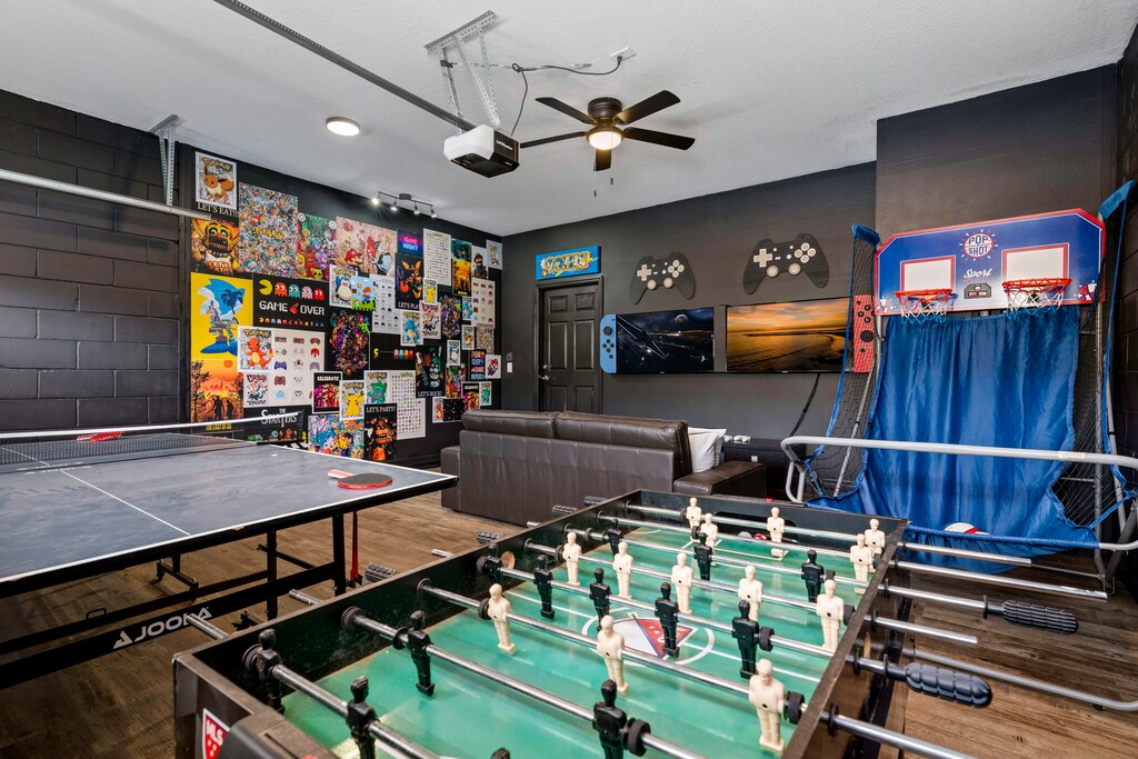 Want to stay in? Our game room features a game console, ping pong table, foosball table and an arcade backetball game.