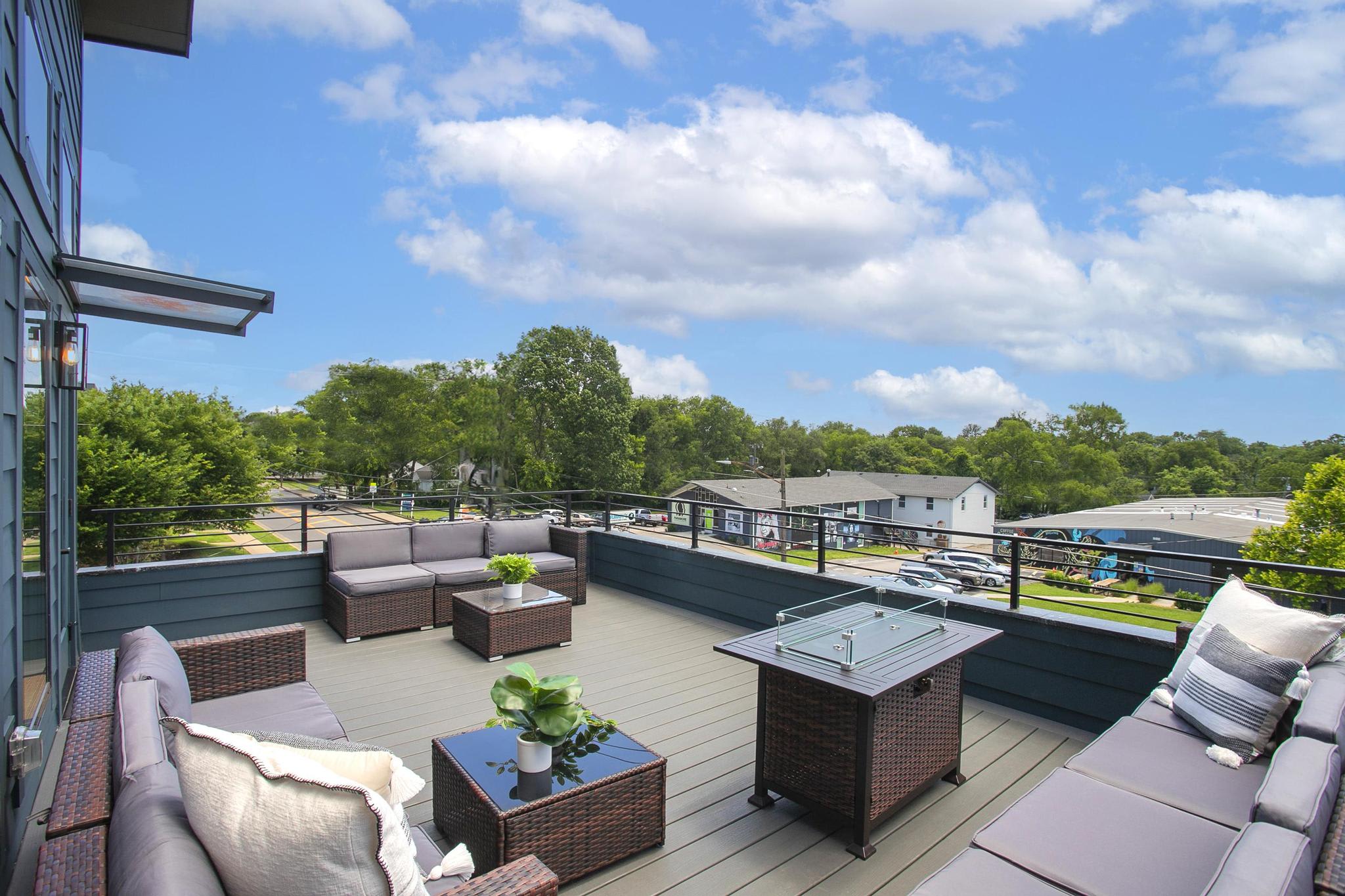 Giant rooftop patio with skyline views