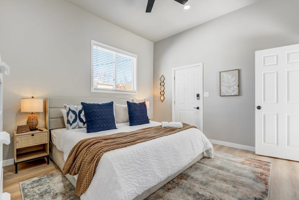 Modern bedroom with the most comfortable King bed as a retreat after whole day of adventure.